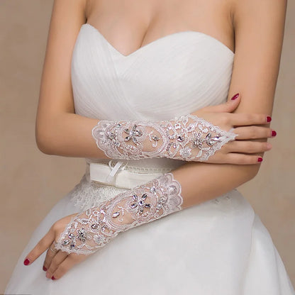 1 Pair White/Red/Beige Bridal Gloves Elegant Short Paragraph Rhinestone White Lace Glove Beautiful Wedding Accessories