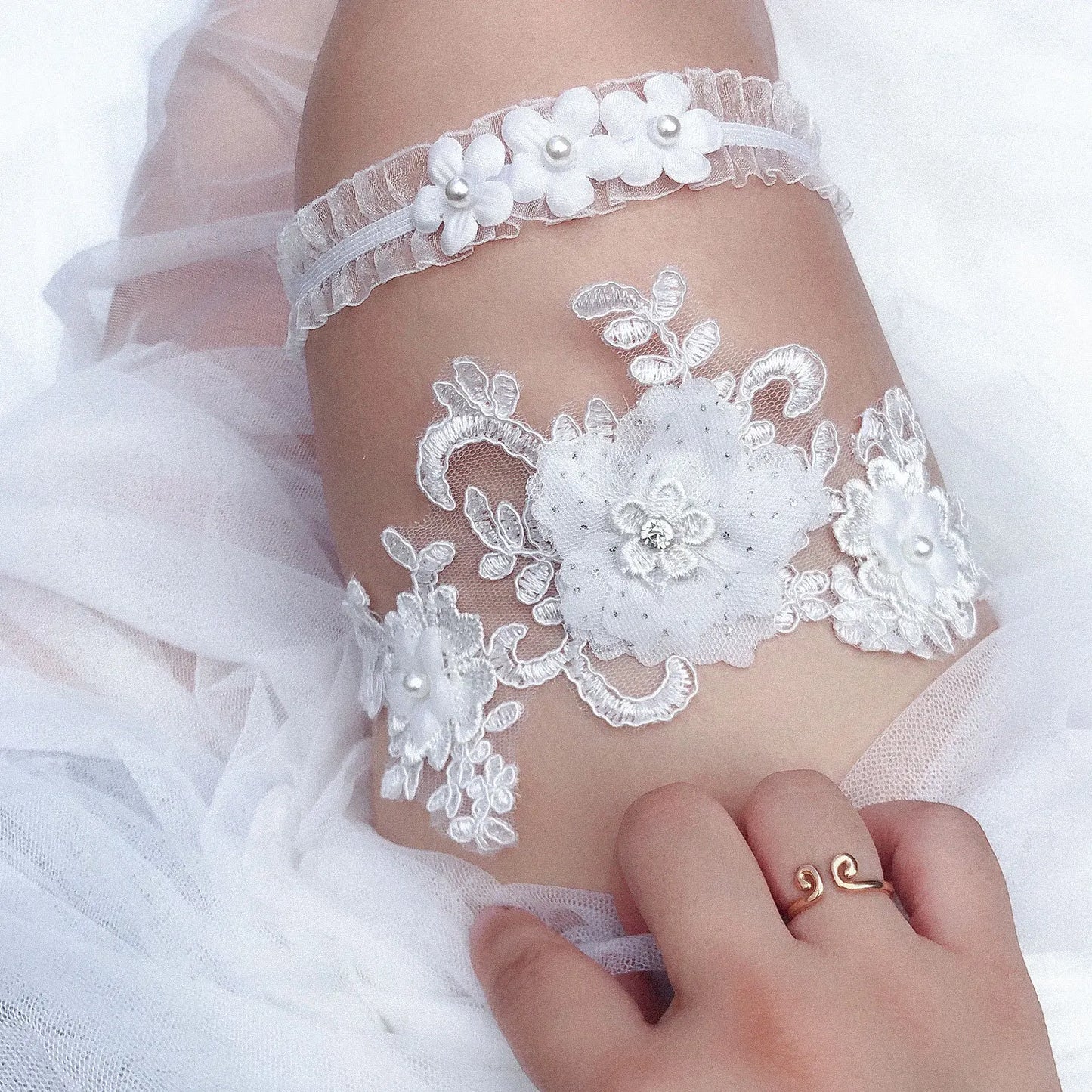 Bride Sexy Lace Flower Rhinestones Pearls Wedding Garter Belt Bridal Thigh Leg Garter Ring For Women Wedding Accessories