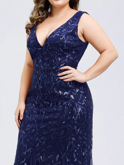 Plus Size Sleeveless Cocktail Dress V Neck  Back Mermaid Party Prom Gowns Tulle Sequins Full estidoes Women