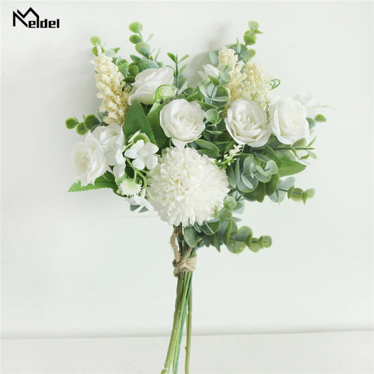 Meldel Wedding Flower Bouquet Artificial Silk Rose Lucky Ball Flower Home Wedding Decor Bride Bouquet Forest Style Eucalyptus