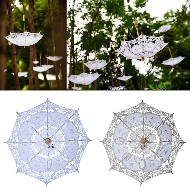 New Wedding Lace Umbrella Cotton Embroidery Bridal Umbrella White Beige Parasol Sun Umbrella For Wedding Decoration Photography