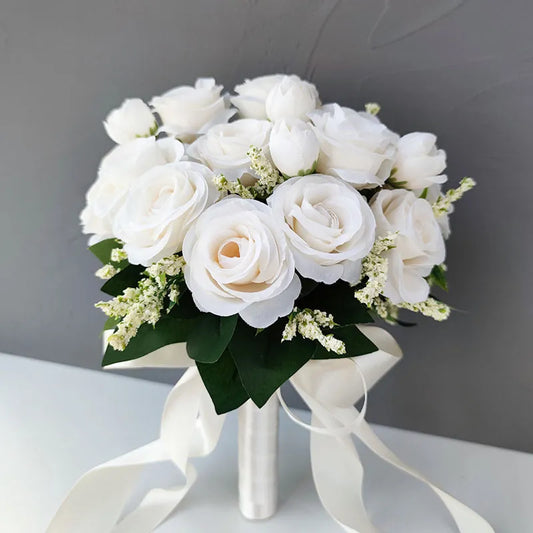 Bridal Bridesmaid Wedding Bouquet White Silk Flowers Roses Artificial Bride Boutonniere Pins Mariage Bouquet Wedding Accessories