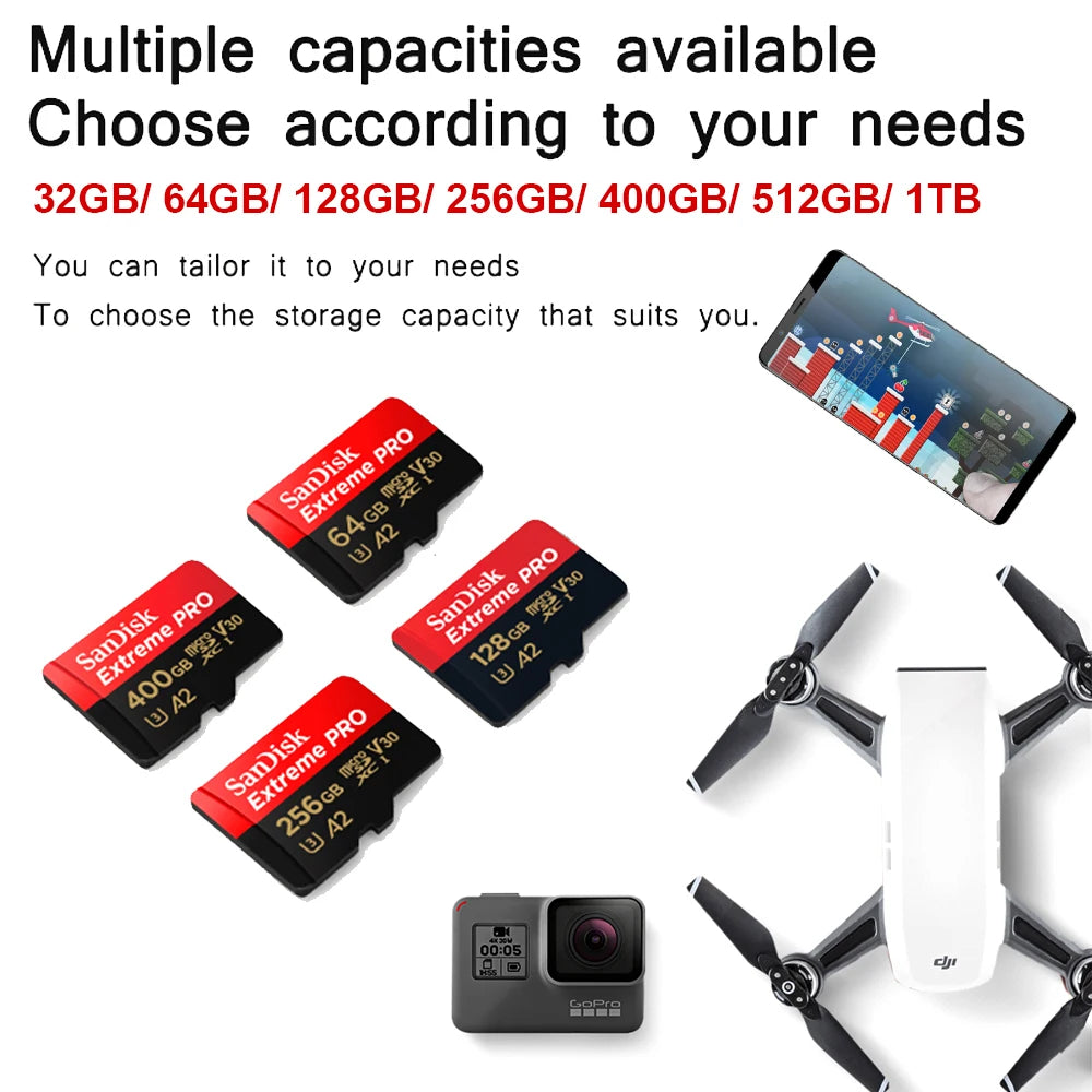 SanDisk Extreme Pro Flash 128GB Card Micro SD Card SDXC UHS-I 400GB 256GB 64GB U3 V30 TF Card Memory Card Adapter for Camera DJI