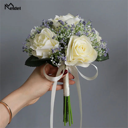 Meldel Bride Rose Bouquet Wedding Supplies Bridesmaid Rose Babysbreath Bouquet Flower Arrangement DIY Home Party Prom Decoration