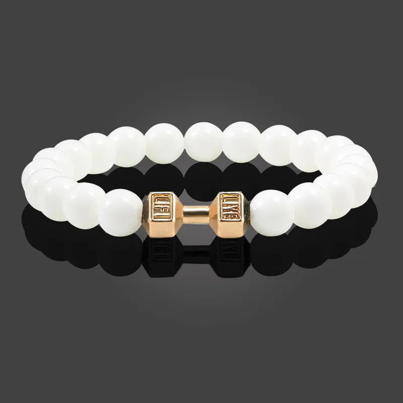 Natural Volcanic Stone Bracelet Men Matte Black Lave White Beads Charm Dumbbell Strand Bracelets Women Barbell Fitness Jewelry