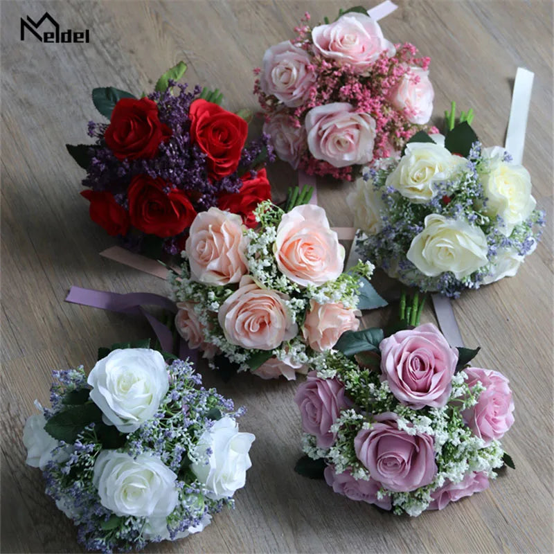 Meldel Bride Rose Bouquet Wedding Supplies Bridesmaid Rose Babysbreath Bouquet Flower Arrangement DIY Home Party Prom Decoration