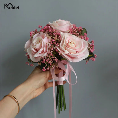 Meldel Bride Rose Bouquet Wedding Supplies Bridesmaid Rose Babysbreath Bouquet Flower Arrangement DIY Home Party Prom Decoration