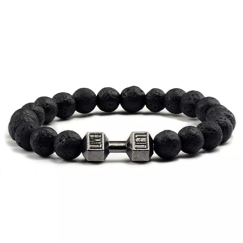 Natural Volcanic Stone Bracelet Men Matte Black Lave White Beads Charm Dumbbell Strand Bracelets Women Barbell Fitness Jewelry