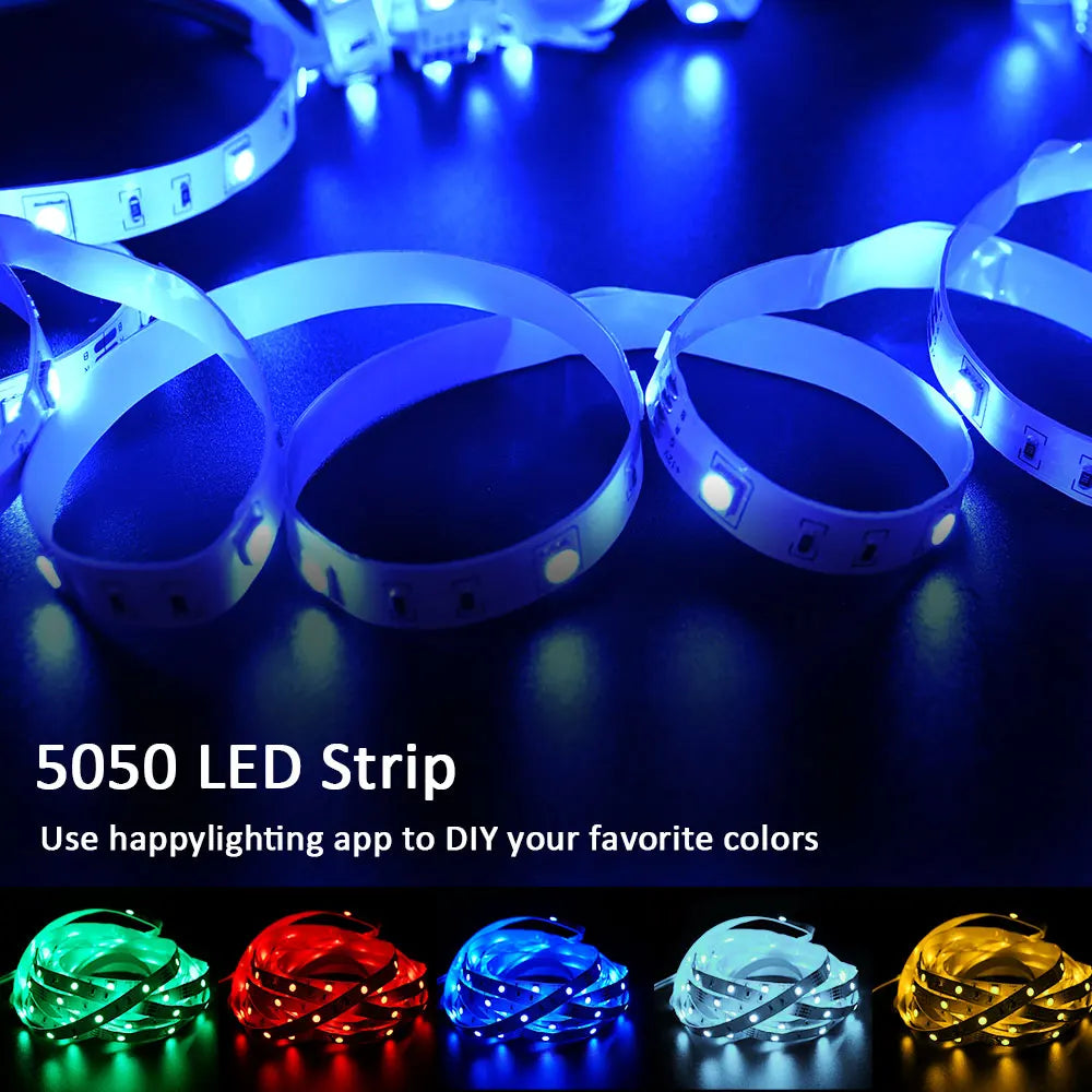 (EU Plug) LED Strip Light RGB 5050 Music Sync Color Changing  Sensitive Built-in Mic, App LED Lights DC12V Flexible