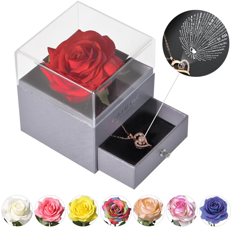 Gifts for Girlfriend Unfade Flower Eternal Rose Jewelry Box 100 Languages I Love You Necklace Wedding Valentines Gift for Women