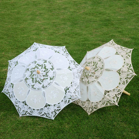 New Wedding Lace Umbrella Cotton Embroidery Bridal Umbrella White Beige Parasol Sun Umbrella For Wedding Decoration Photography