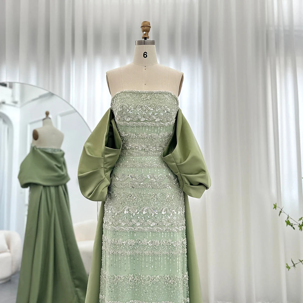 Sharon Said Luxury Dubai Sage Green Evening Dresses with Cape 2024 Arabic Blue Sky Lilac Elegant Women Wedding Party Gowns SS238