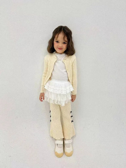 2024 Spring New Baby Girl Long Sleeve Clothes Set Toddler Ribbed Cardigan Coat + Bow Flared Pants 2pcs Suit Kids Casual Outfits