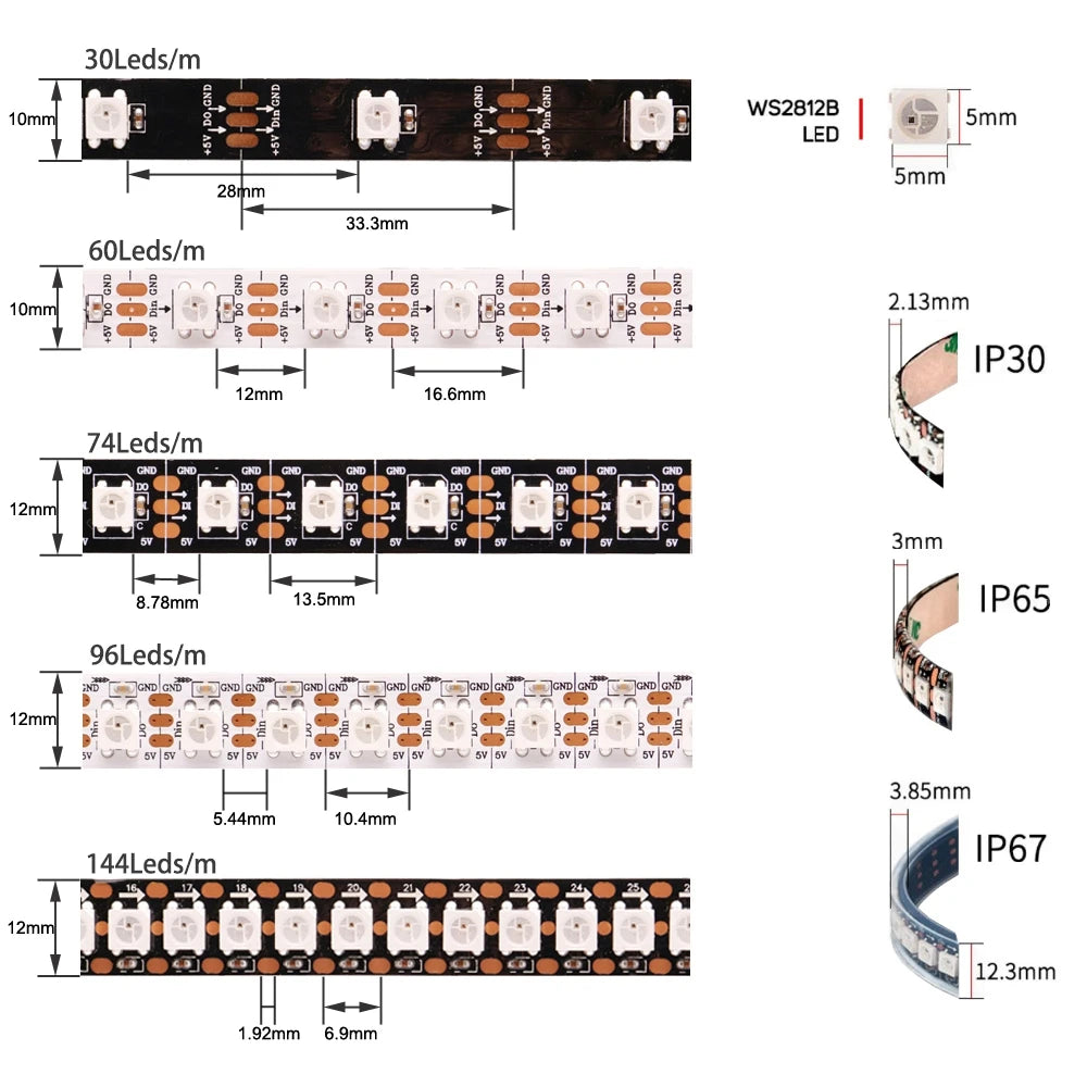 DC5V WS2812B Individually Addressable 5050 RGB Led Strip WS2812 Smart Pixels Led Light Black White PCB Waterproof IP30/65/67