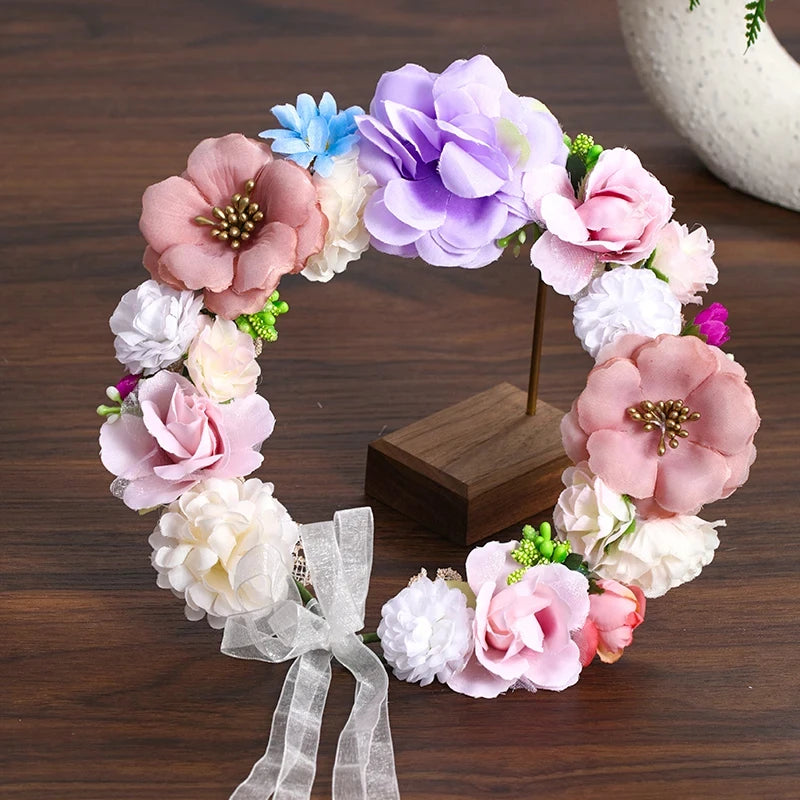 3 Design Artificial Flower Wreath Bride Women Flower Crown Hair Band Wedding Floral Headband Garland Ribbon Girl Hair Accessorie