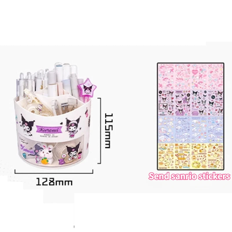 Miniso Sanrio Rotating Pen Holder Storage Box Desk Organizer & Kawaii Sanrio Cinnamoroll Stickers Cute Stationery Storage Girls