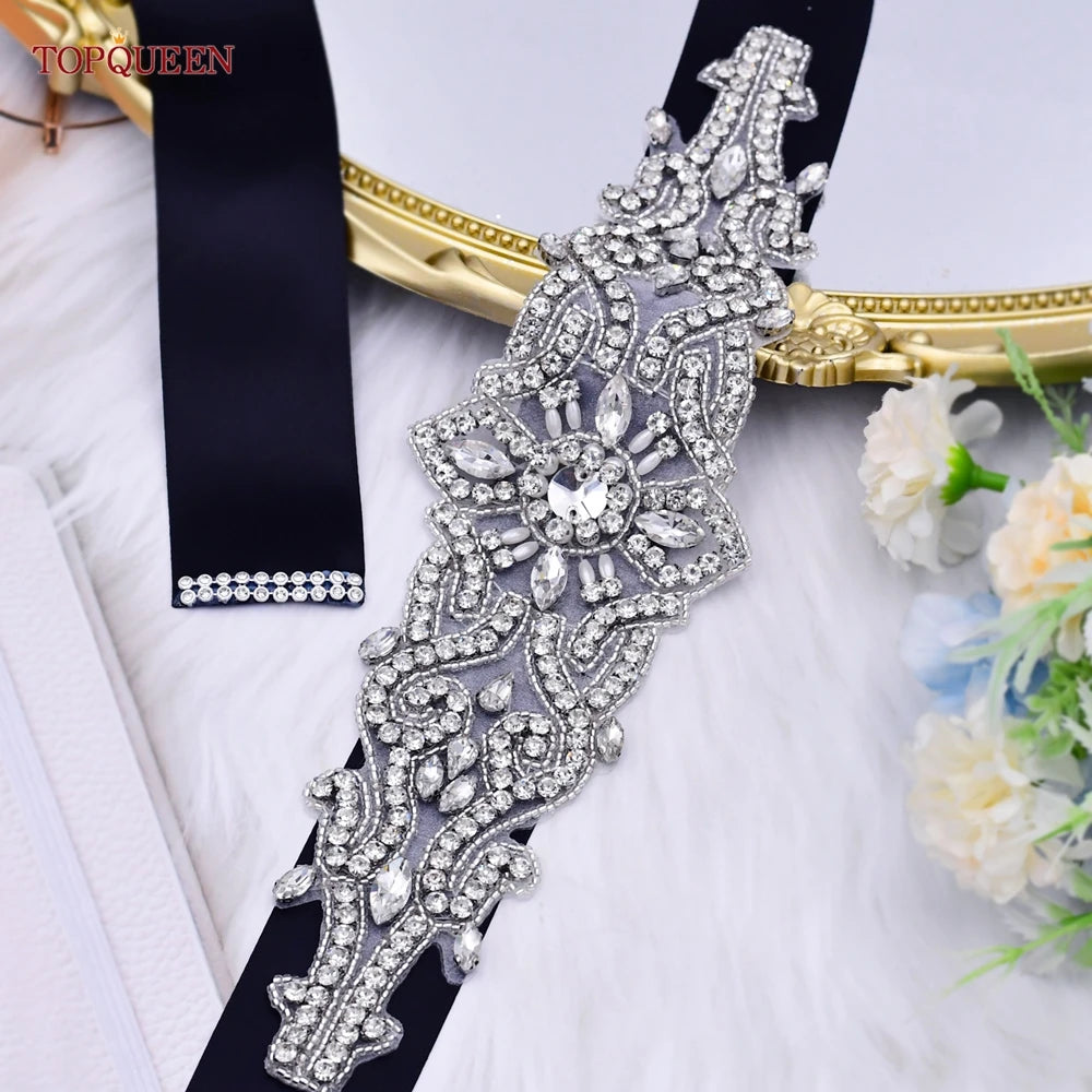 TOPQUEEN S26 Luxury Rhinestones Wedding Dresses Belt Women Crystal Applique Decoration Sparkly for Bride Waistband Bridal Sash