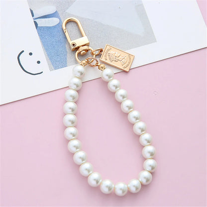 Simulated Pearl Key Chain for Aorpods Bag Pendant Wrist Beaded Key Holder for Women Mobile Phone DIY Accessories