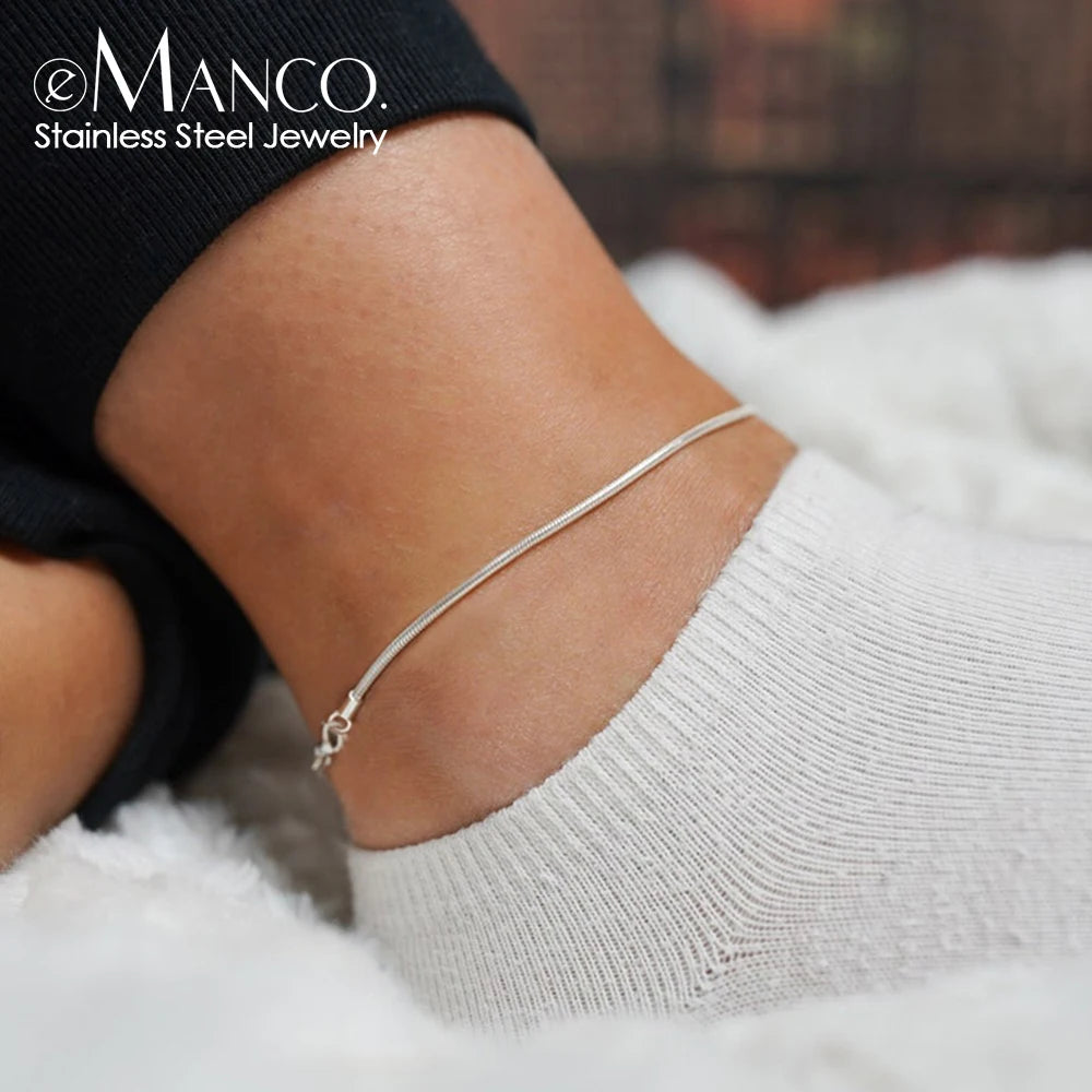 eManco Round Snake Chain Anklet For Women Stainless Steel Chain Anklet Summer Essential Jewelry Accessories