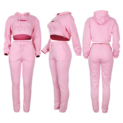 3 Pieces Jogger Cropped Sweatshirt Hoodies Sets Solid Crop Top Hoodie Vest Wtih Sweat Pants Women Fall Tracksuit Clothes