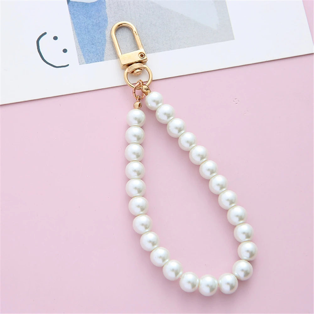 Simulated Pearl Key Chain for Aorpods Bag Pendant Wrist Beaded Key Holder for Women Mobile Phone DIY Accessories