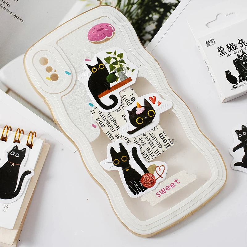 45Pcs/Box Black Cat Theme Stickers Decoration Kawaii Cute Cats Stickers Self-adhesive Scrapbooking Stickers For Laptop Planners