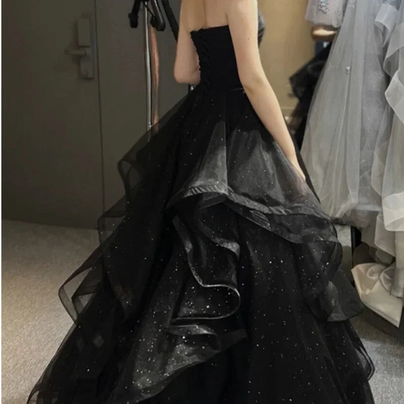 Temperament Black Elegant Wedding Party Dresses Strapless Tiered Draped Prom Robe 2024 New Ball Gown Formal Dress Women Vestidos