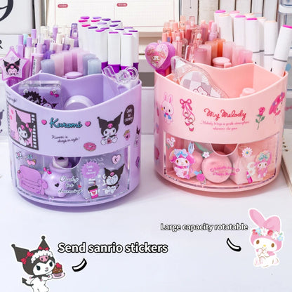 Miniso Sanrio Rotating Pen Holder Storage Box Desk Organizer & Kawaii Sanrio Cinnamoroll Stickers Cute Stationery Storage Girls