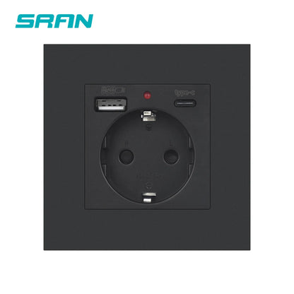 EU Power Socket ,Socket With Usb Charging Port and Type c 2.1A 16A Gray PC Panel  86mm*86mm Russia Spain Wall Socket SRAN