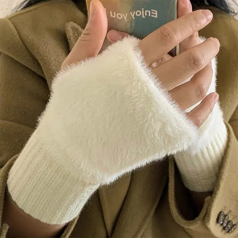 1pair Mink Fleece Soft Winter Half Finger Gloves Women Warm Luxury Plush Knitted Fingerless Gloves Girls Wrist Mittens Writting