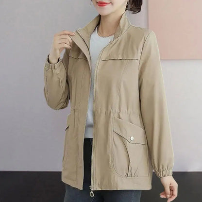 Long Sleeve Women Coat Women Windbreaker Jacket Stylish Women's Double Layer Windbreaker with Stand Collar Zipper for Autumn