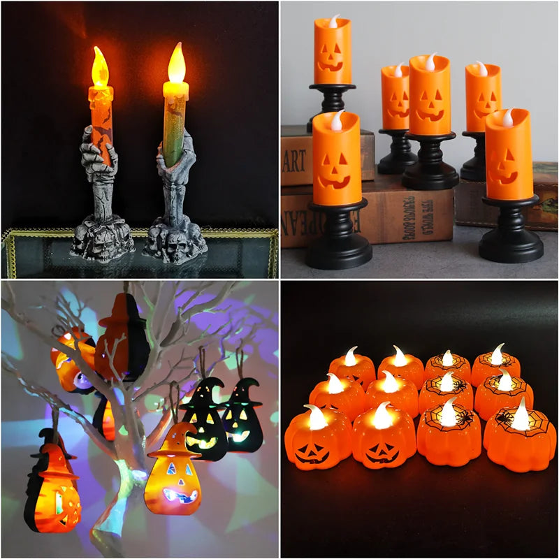 Halloween LED Lights Horror Skull Ghost Holding Candle Lamp Happy Holloween Party Decoration For Home Haunted Home Ornaments