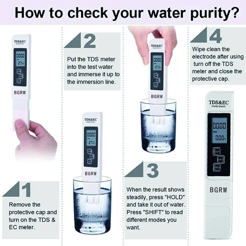 1PC White Digital Water Quality Tester TDS EC Meter Range 0 to 9990 Multifunctional Water Purity Temperature TEMP PPM Tester