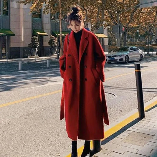 In 2023 The New Large Size 300 Kg Hepburn Style Red Woolen Coat for Women Autumn and Winter Fat Mm Loose Long Thick Woolen Coat