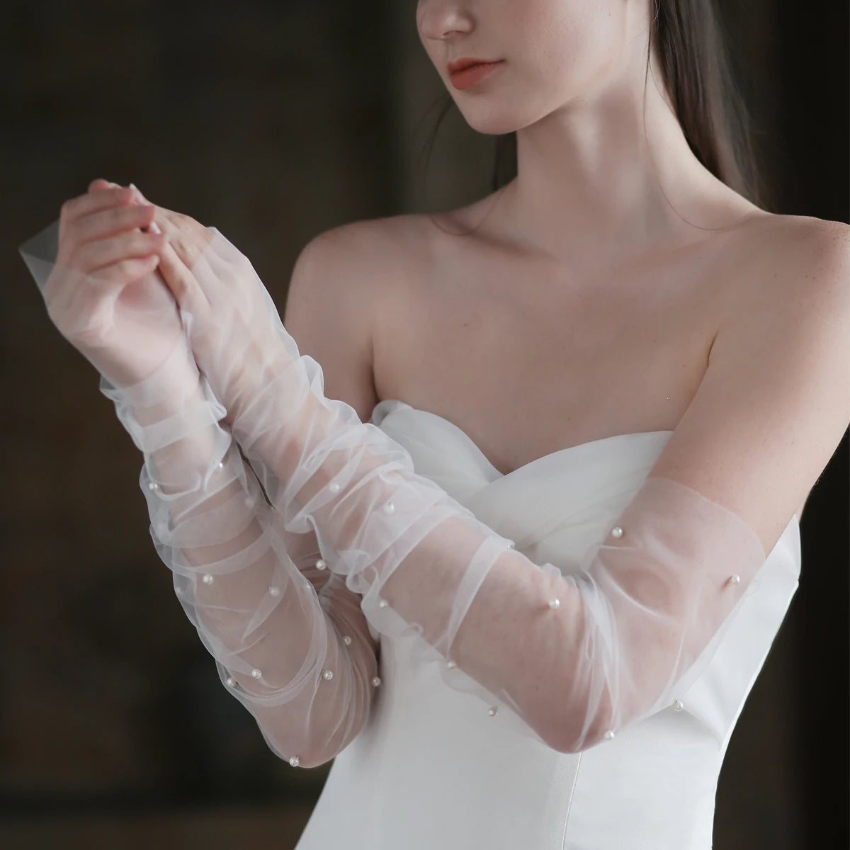 WG052 Wedding Fingerless White / Black Gloves Long Tulle Pearls Brides Bridesmaid Sleevelet Women Pageant Prom Handschuh