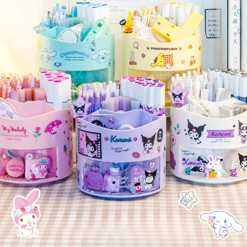 Miniso Sanrio Rotating Pen Holder Storage Box Desk Organizer & Kawaii Sanrio Cinnamoroll Stickers Cute Stationery Storage Girls