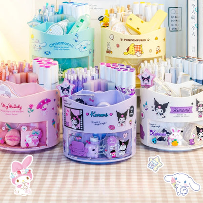 Miniso Sanrio Rotating Pen Holder Storage Box Desk Organizer & Kawaii Sanrio Cinnamoroll Stickers Cute Stationery Storage Girls