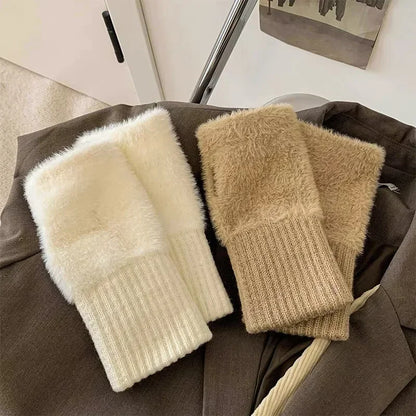 1pair Mink Fleece Soft Winter Half Finger Gloves Women Warm Luxury Plush Knitted Fingerless Gloves Girls Wrist Mittens Writting