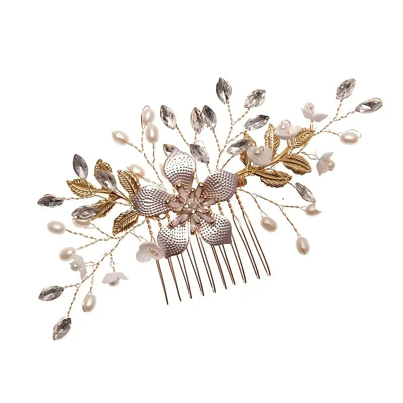 Wedding Bridal Wreath Comb Pearl Gold Long Hair Vine Hair Accessory Flower Rhinestone Handmade Tiara Headpiece