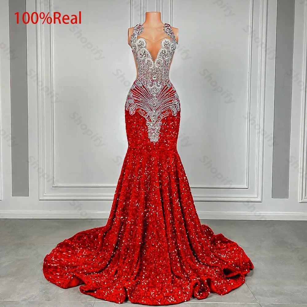 Sparkly Red Sequin Mermaid Prom Dresses 2024 Luxury Silver Crystal Beaded Sheer Neck Long Prom Gowns for Black Girls