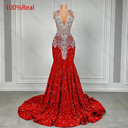 Sparkly Red Sequin Mermaid Prom Dresses 2024 Luxury Silver Crystal Beaded Sheer Neck Long Prom Gowns for Black Girls