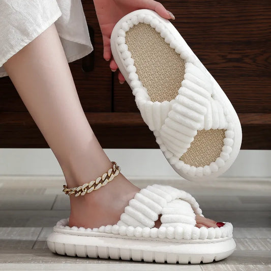 2023 Autumn Winter New Women Home Slippers Open-Toe Cross Band Linen Soled Indoor Slides Linen Soled Non-Slip Bathroom Slippers