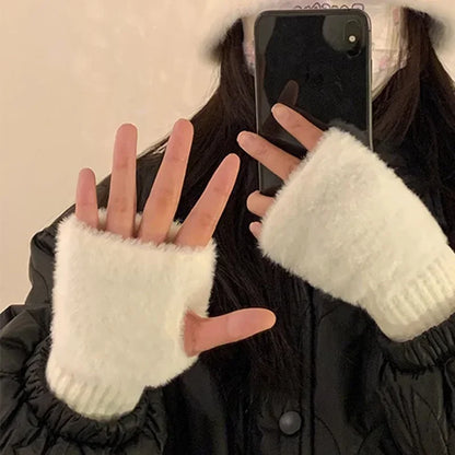 1pair Mink Fleece Soft Winter Half Finger Gloves Women Warm Luxury Plush Knitted Fingerless Gloves Girls Wrist Mittens Writting