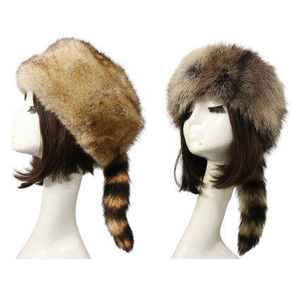 Plush Russian Style Flat Top Hat Winter Mongolian Hat Thicken Plush Raccoon Tail Hat for Adult Teens Keep Warm Hat Wholesale