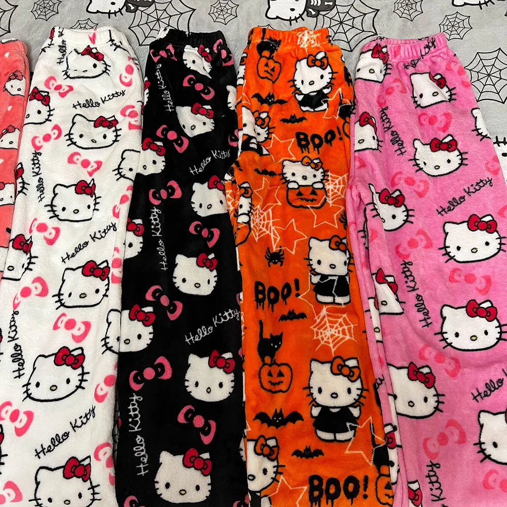 Sanrio Hello Kitty Flannel Pajamas Black Women'S Warm Woolen Cartoon Casual Home Pants In Autumn Winter Fashion Trousers