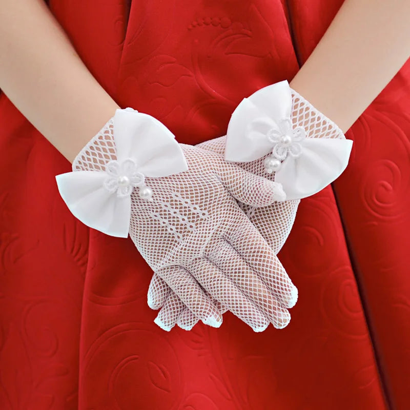 Sweet Flower Girl Short Gloves Mesh Bow Lace Pearl Gloves Children Fashion Elegant Gloves Mittens Wedding Party Decoration