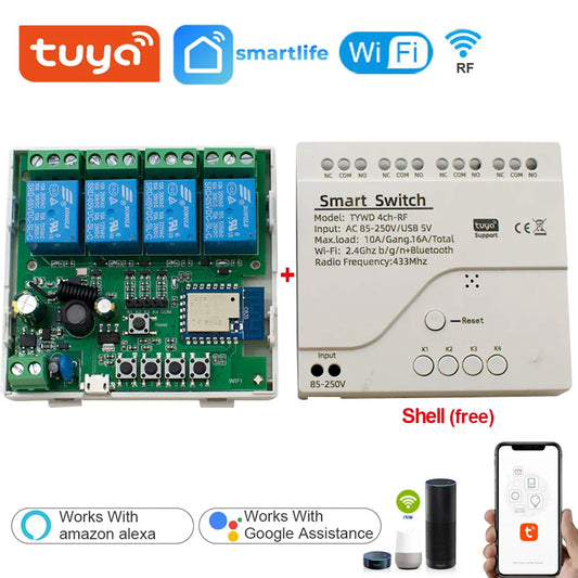 Tuya Smart Wifi Switch Module 12V 24V 220V RF 433 Remote Control Appliance Control Module 4CH Relay Work With Alexa Google Home