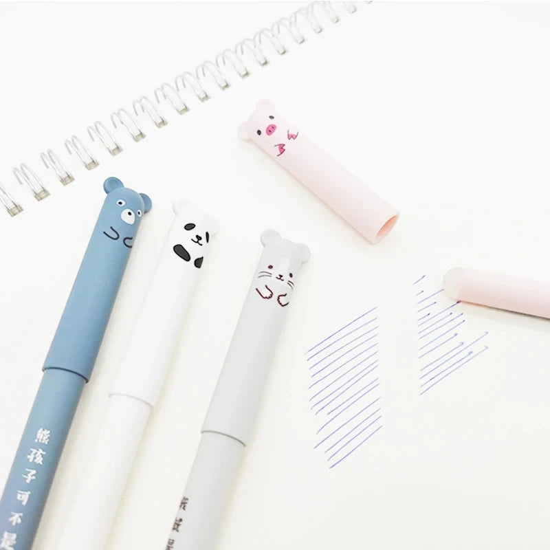 12pcs Animals Panda Erasable Gel Pen 0.5mm Blue Black Erasable Pen Refills Rods Washable Handle School Supplies Stationery