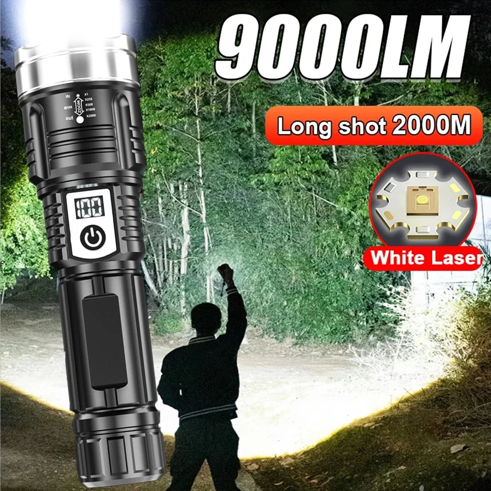 Powerful White Laser LED Flashlight Built-in Battery USB Rechargeable Zoom Torch With Power Display Outdoor Tactical Flashlights