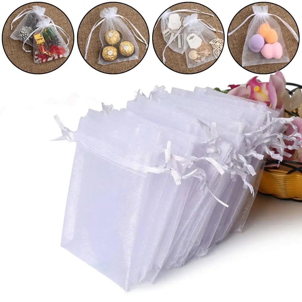 25/50PCS Drawable Party Supply Christmas Favor Jewelry Packing White Pouches Drawstring Pocket Organza Gauze Sachet Gift Bags